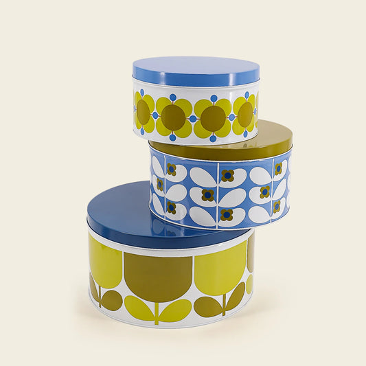 orla kiely nesting cake tins in set of 3 in blue, green and white flower patterns