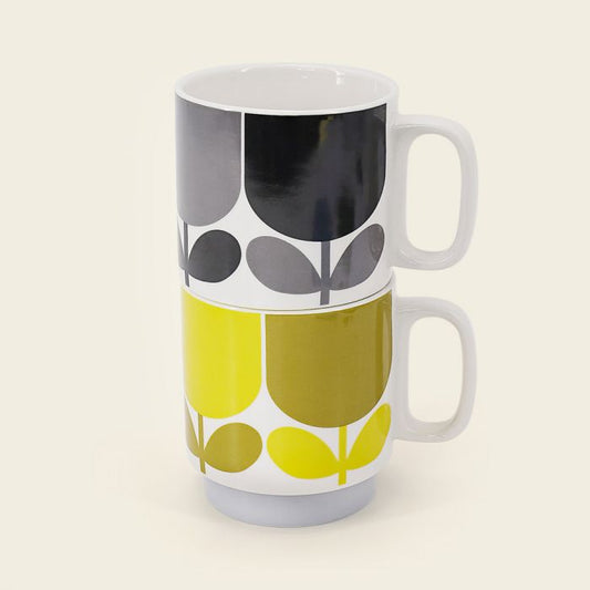 Orla Kiely Block Flower Stackable mugs set of 2 in slate and ochre 