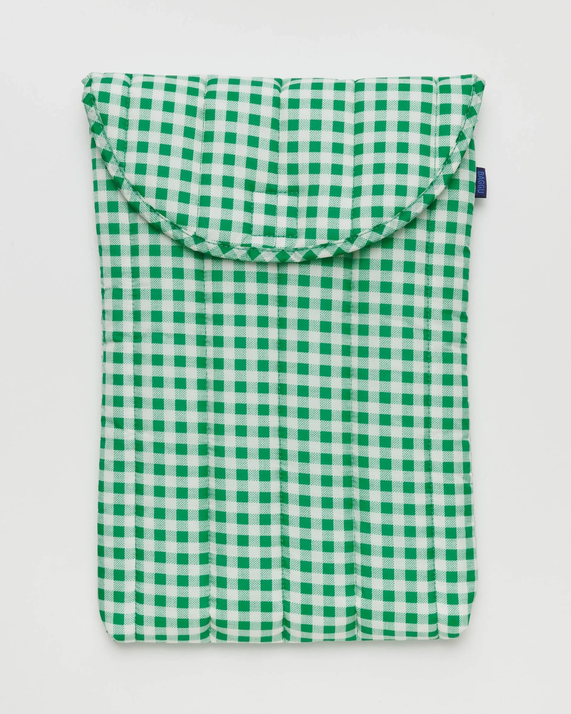 baggu puffy laptop sleeve 16inch in green gingham pattern