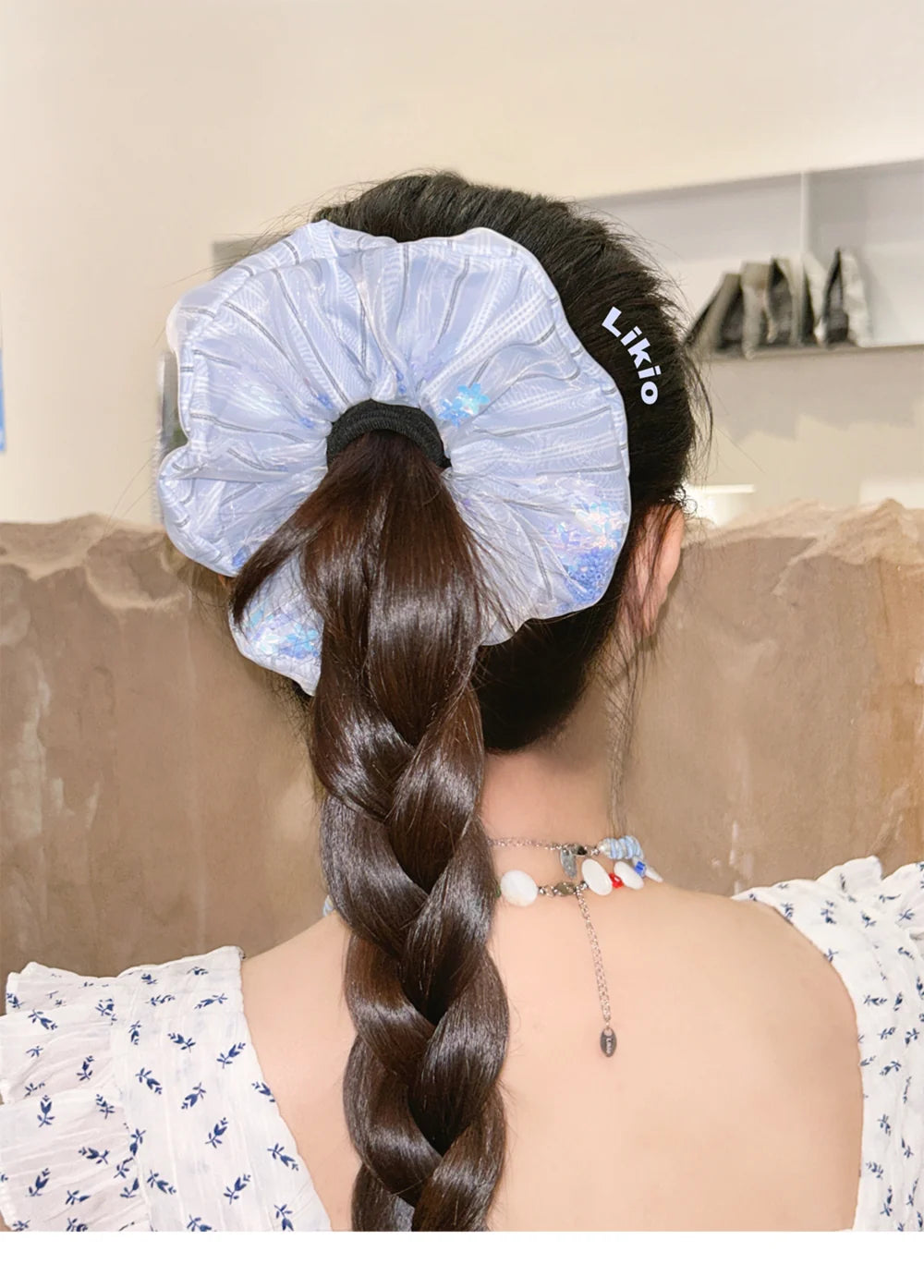 Likio Petite Floral Sequin Tulle Scrunchie - Baby Blue