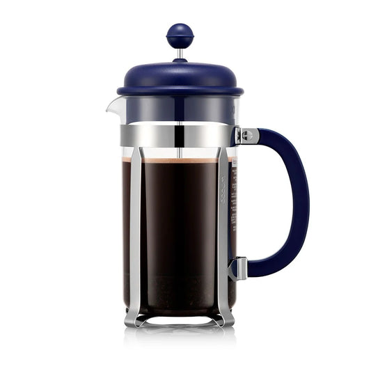BODUM 8 cup coffee maker in navy with stainless steel details.