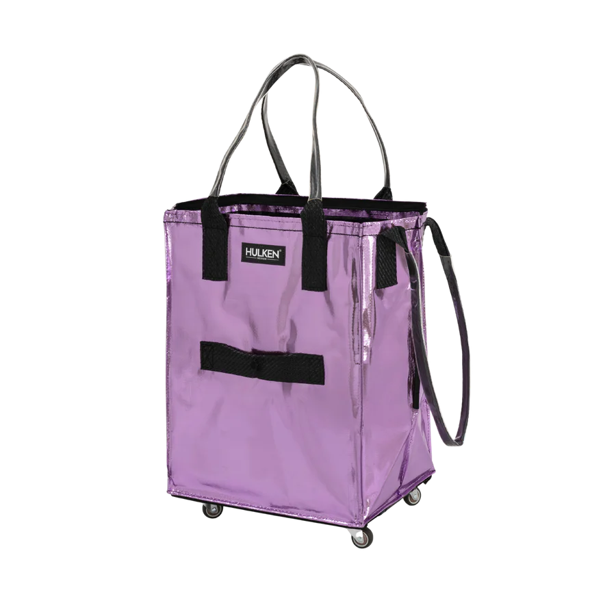 Purple rolling cart with black handles on a white background