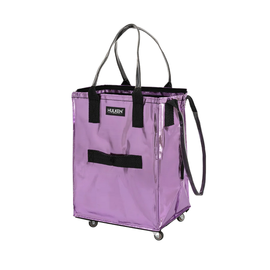Purple rolling cart with black handles on a white background