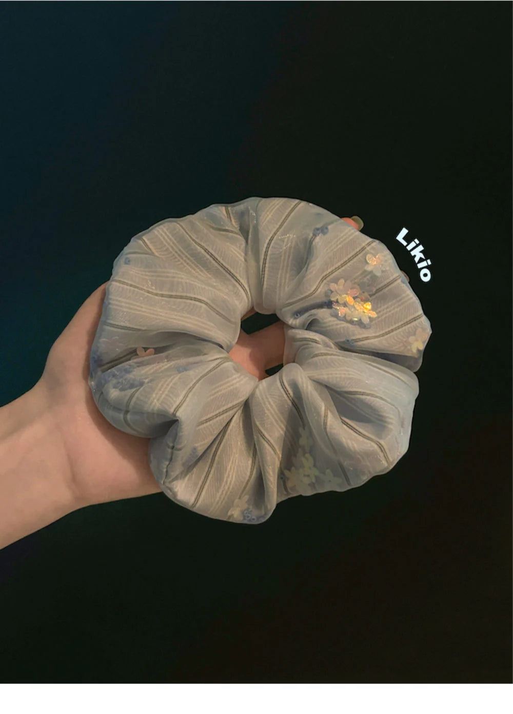 Likio Petite Floral Sequin Tulle Scrunchie - Baby Blue
