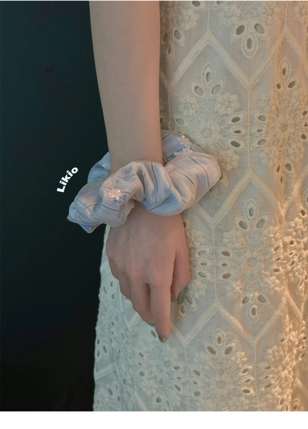 Likio Petite Floral Sequin Tulle Scrunchie - Baby Blue