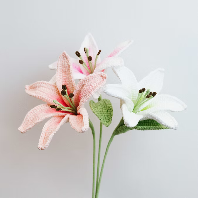 Handmade Crochet Flower - White Pink Lily