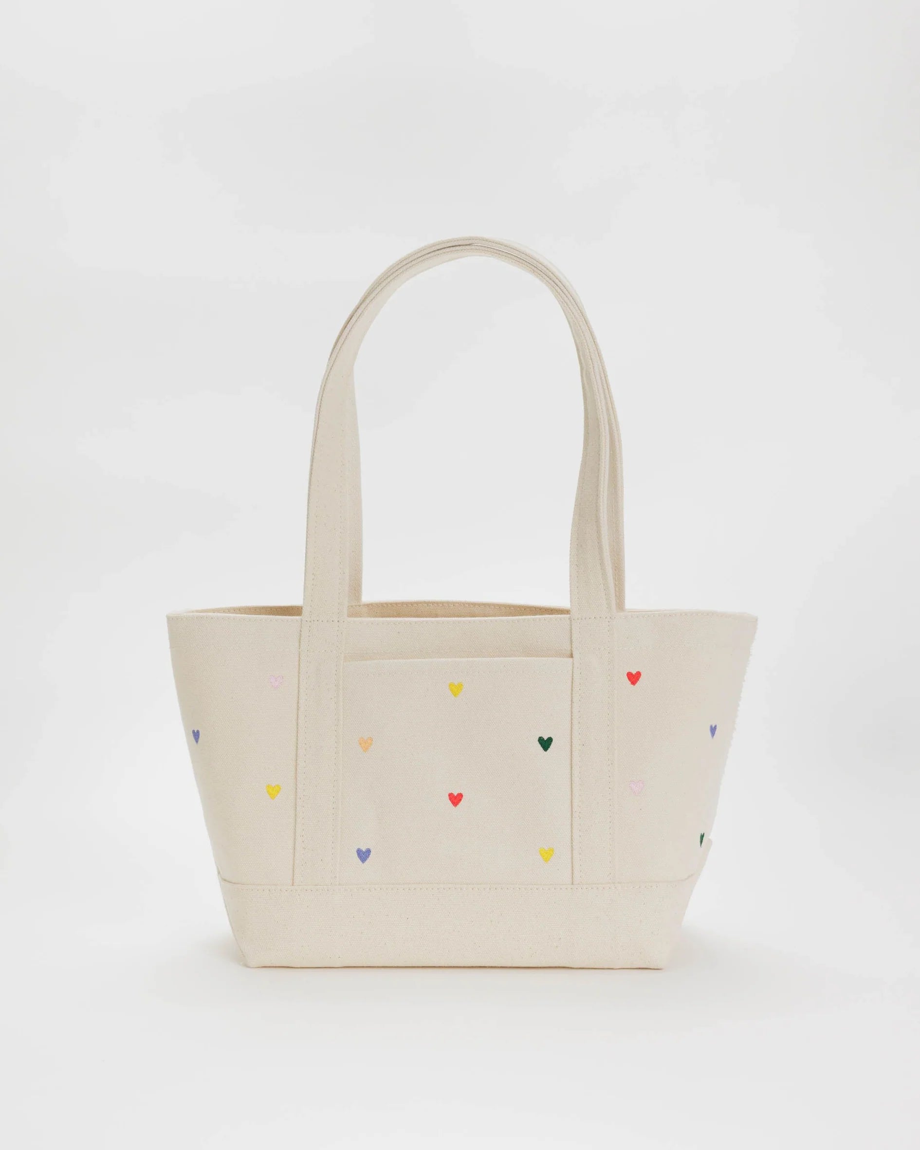 baggu small heabyweight canvas tote in embroidered hearts pattern