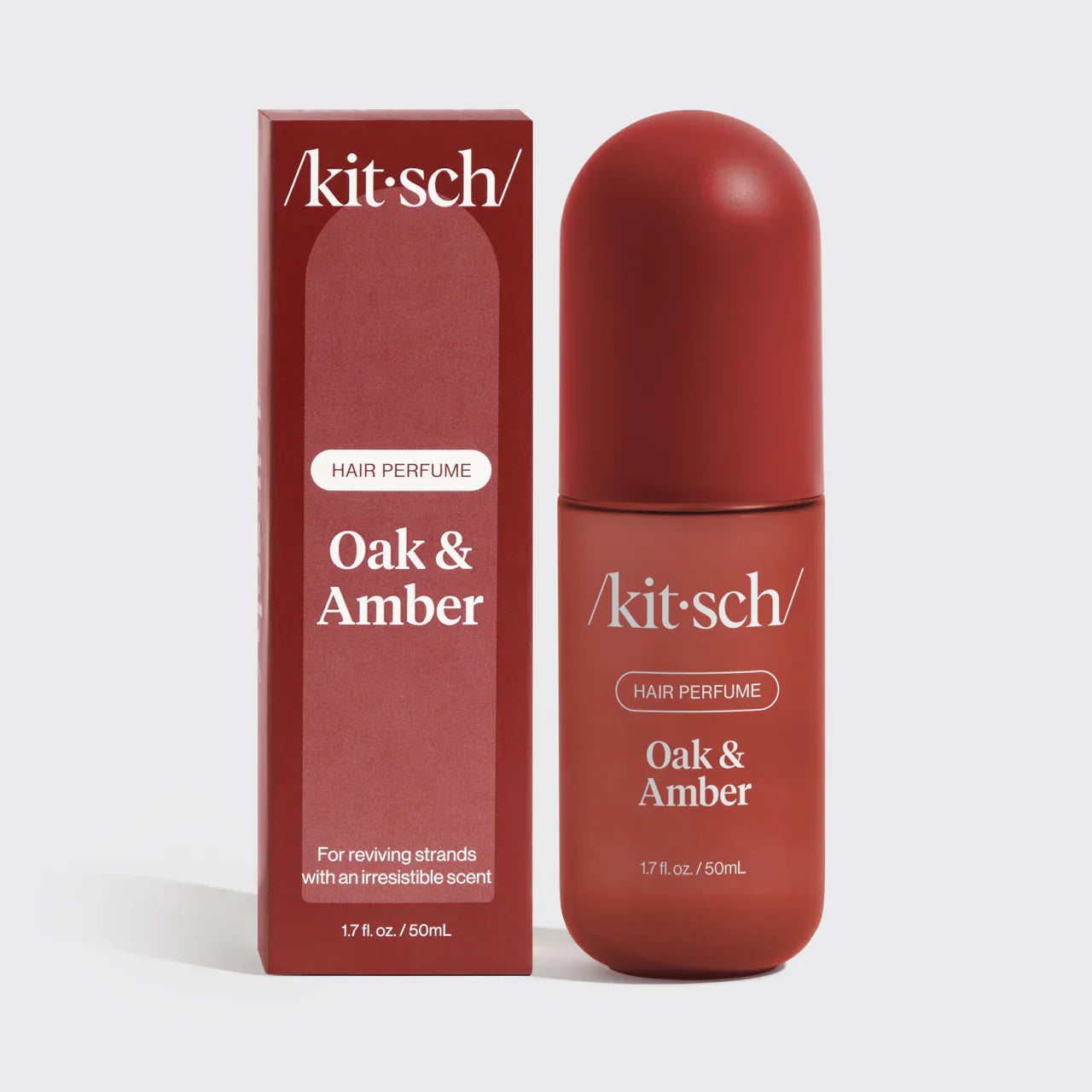 Kitsch Oak & Amber hair perfume bottle and packaging on a white background