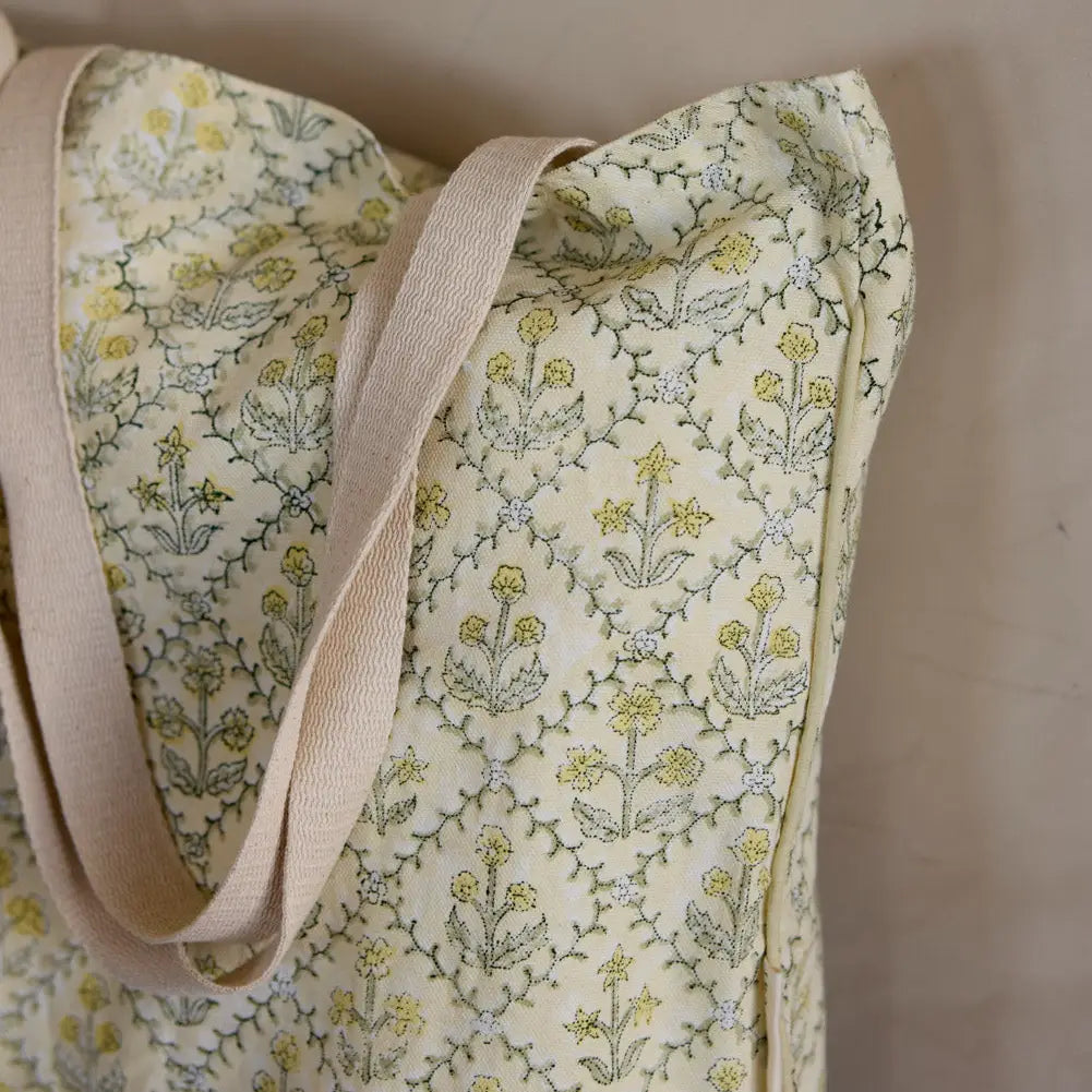 Paper Mirchi Organic Cotton Tote Bag - Floral Lattice Buttercream