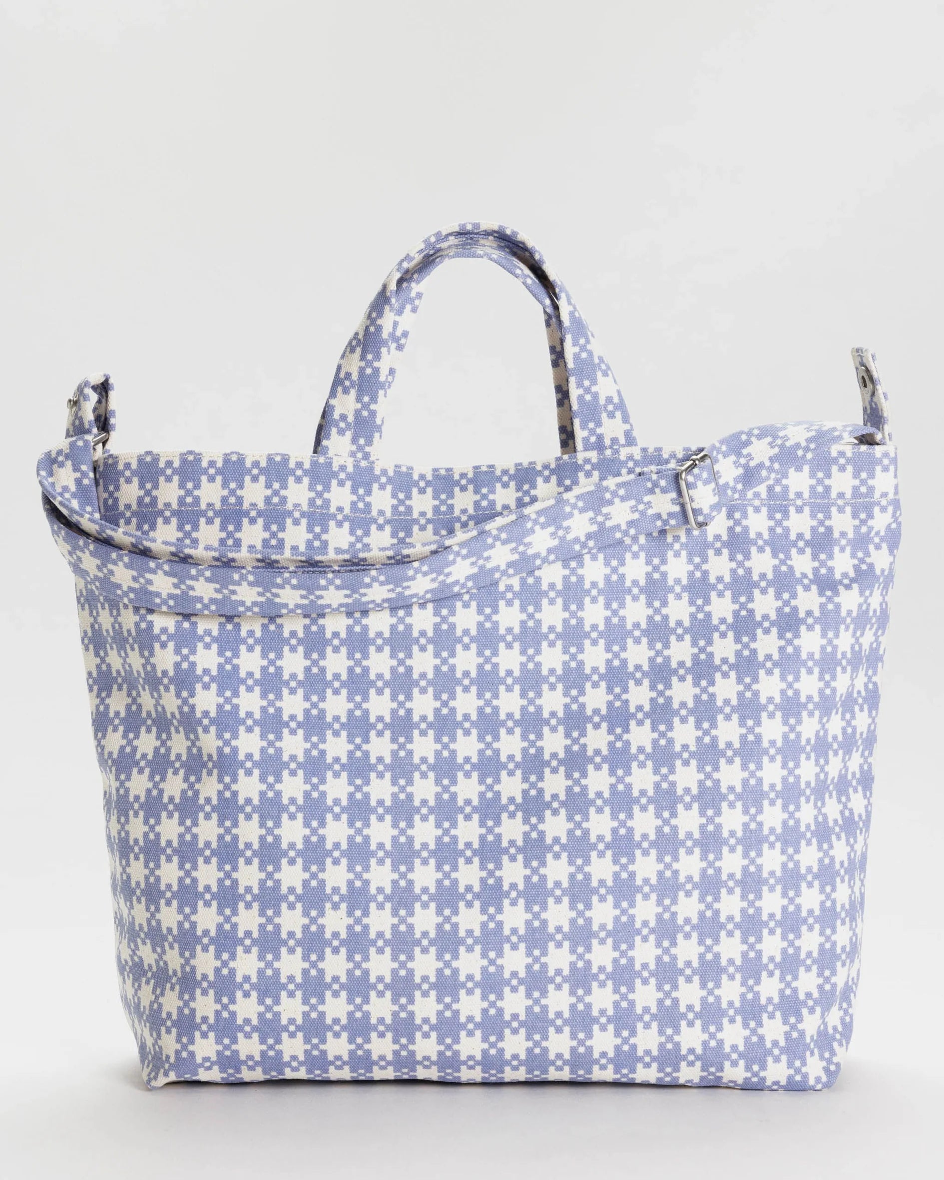 baggu canvas horizontal zip duck bag in blue pixel gingham 