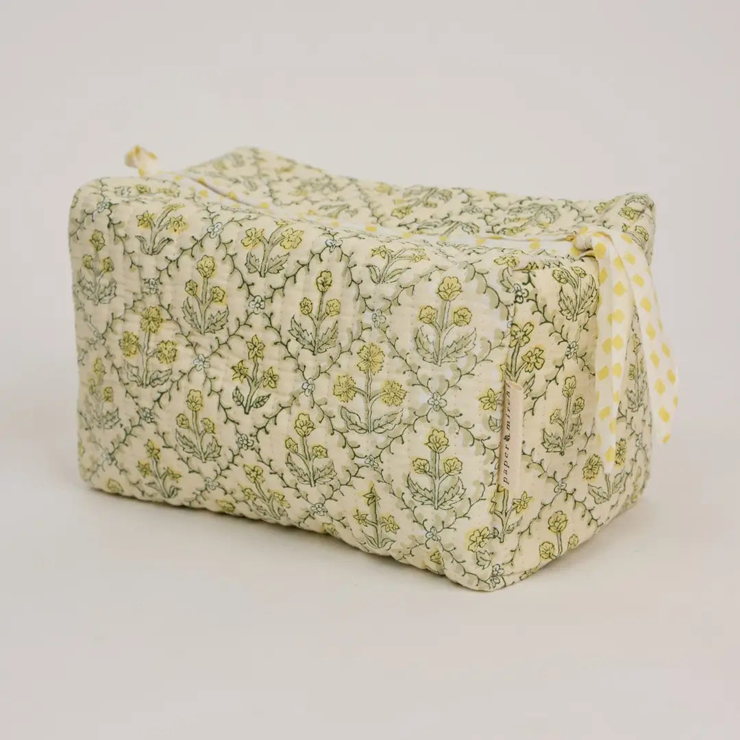 Paper Mirchi Organic Cotton Toiletry Large Bag - Floral Lattice Buttercream