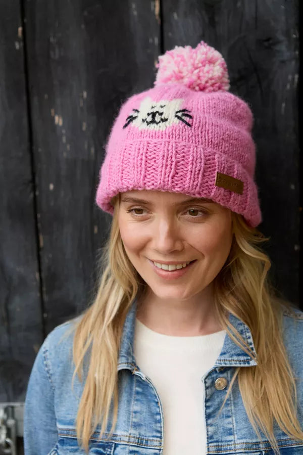 Pachamama Smiley Cat Pink Bobble Beanie