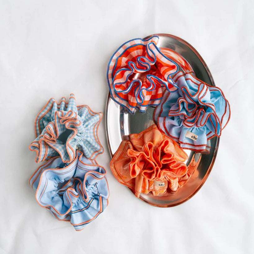 Chou Au Carre Maxi Scrunchie - Sky Blue & Rust Trim