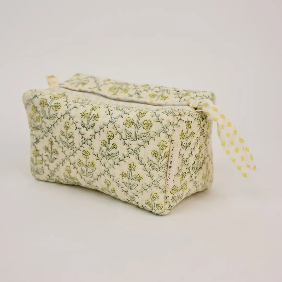 Paper Mirchi Organic Cotton Toiletry Medium Bag - Floral Lattice Buttercream