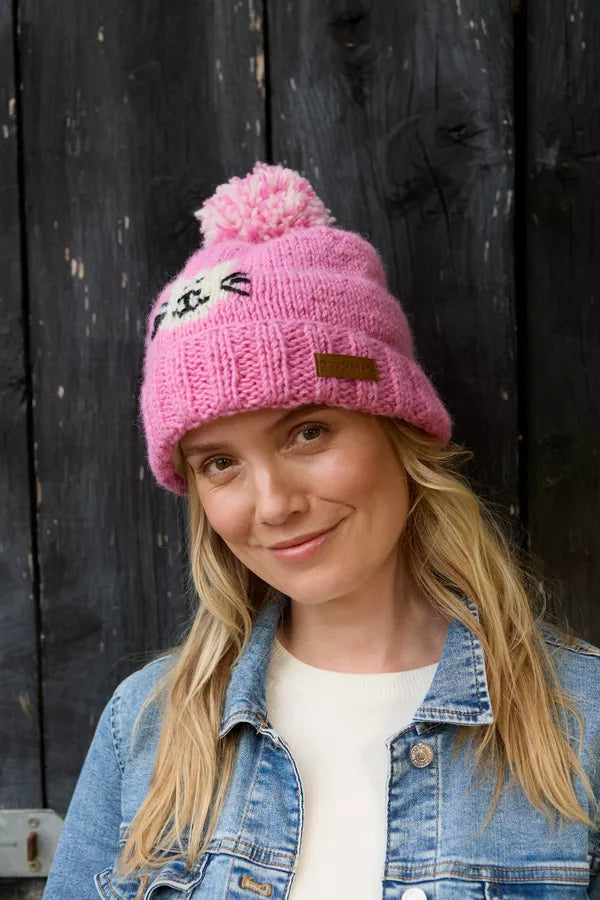 Pachamama Smiley Cat Pink Bobble Beanie