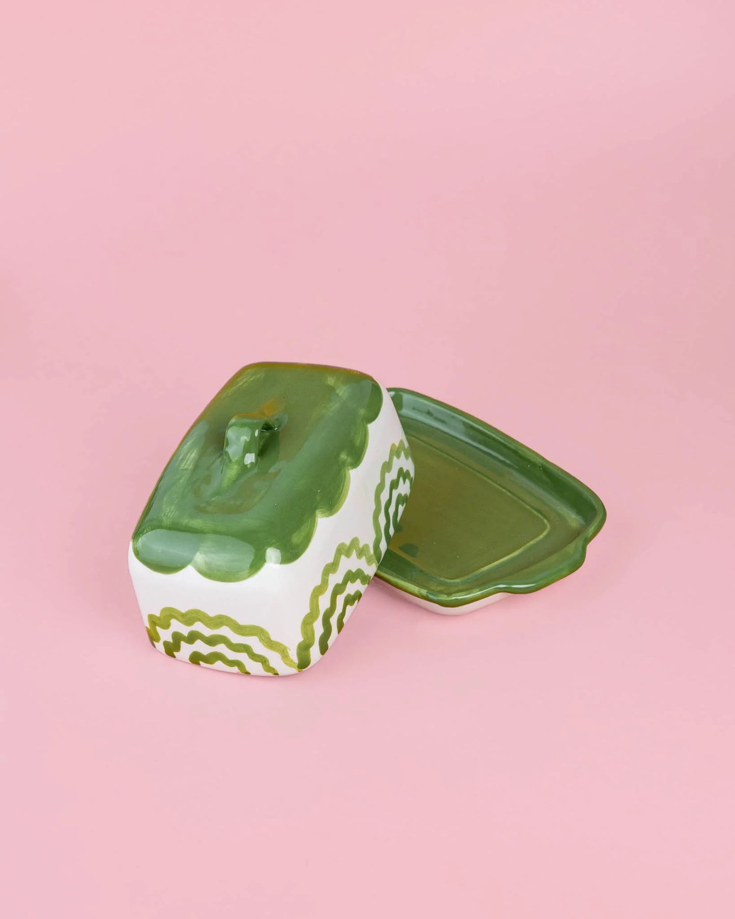 Tierra Cocida Artisanal Ceramic Butter Dish - Green & White
