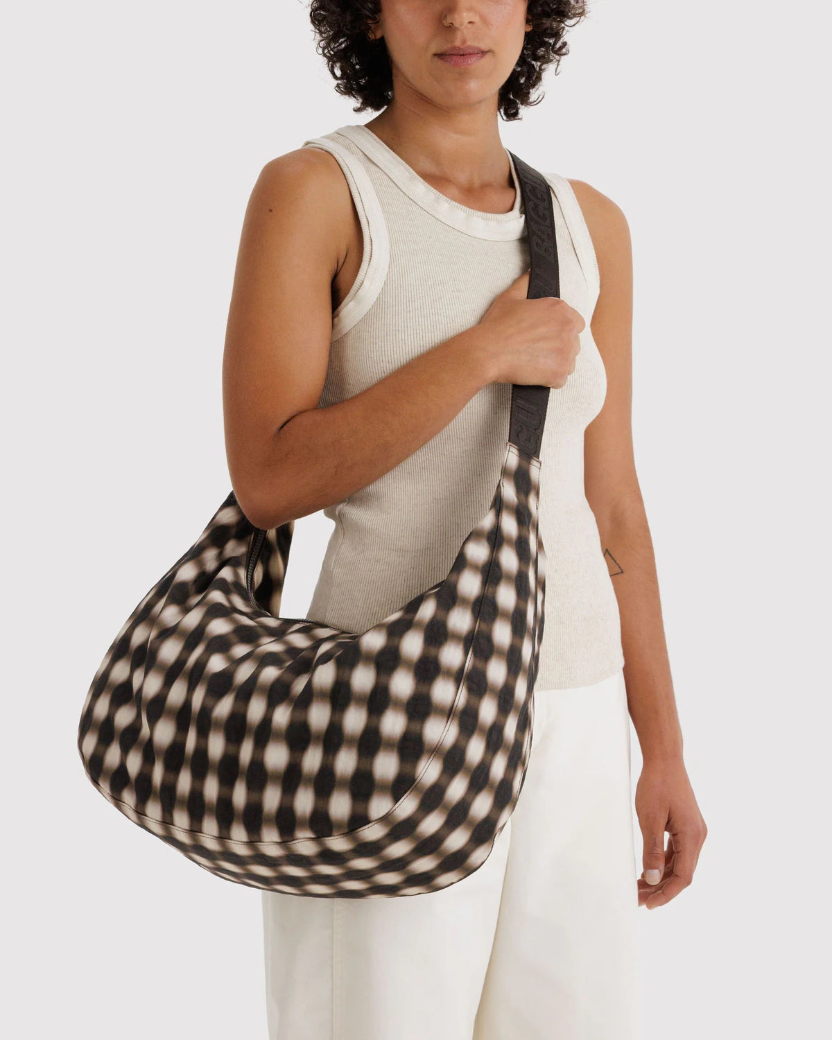 BAGGU Large Nylon Crescent Bag - Blurred Gingham Brown