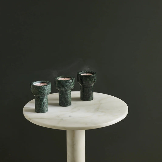 Aaron Probyn Como Tealight & Taper Candle Holder in Forest Green on a dark background 