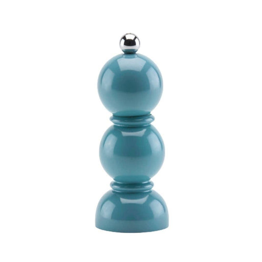 Teal pepper grinder with silver top on a white background