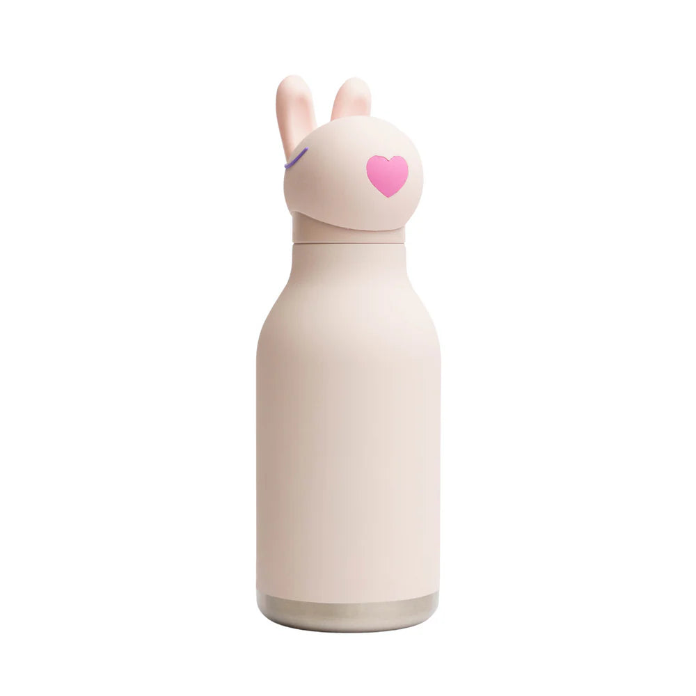 Pink water bottle with a bunny design on a white background