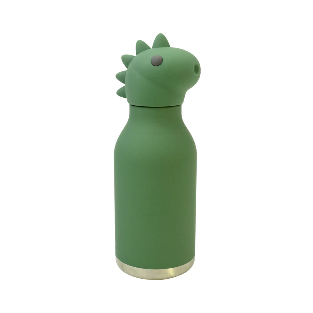 Green dinosaur-shaped water bottle on a white background