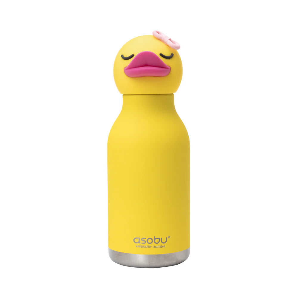 Yellow duck-shaped water bottle with a pink beak and closed eyes on a white background, featuring the Asobu brand.