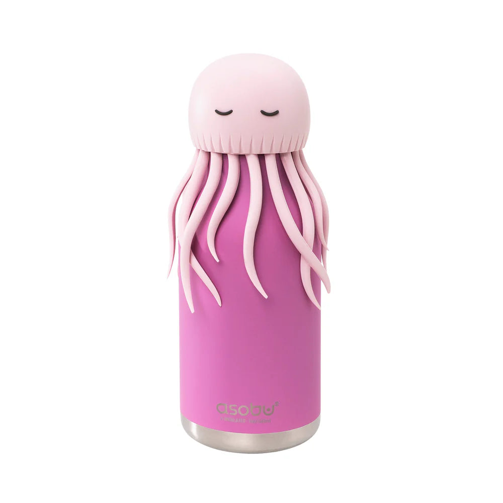 Pink octopus-shaped bottle with a white background