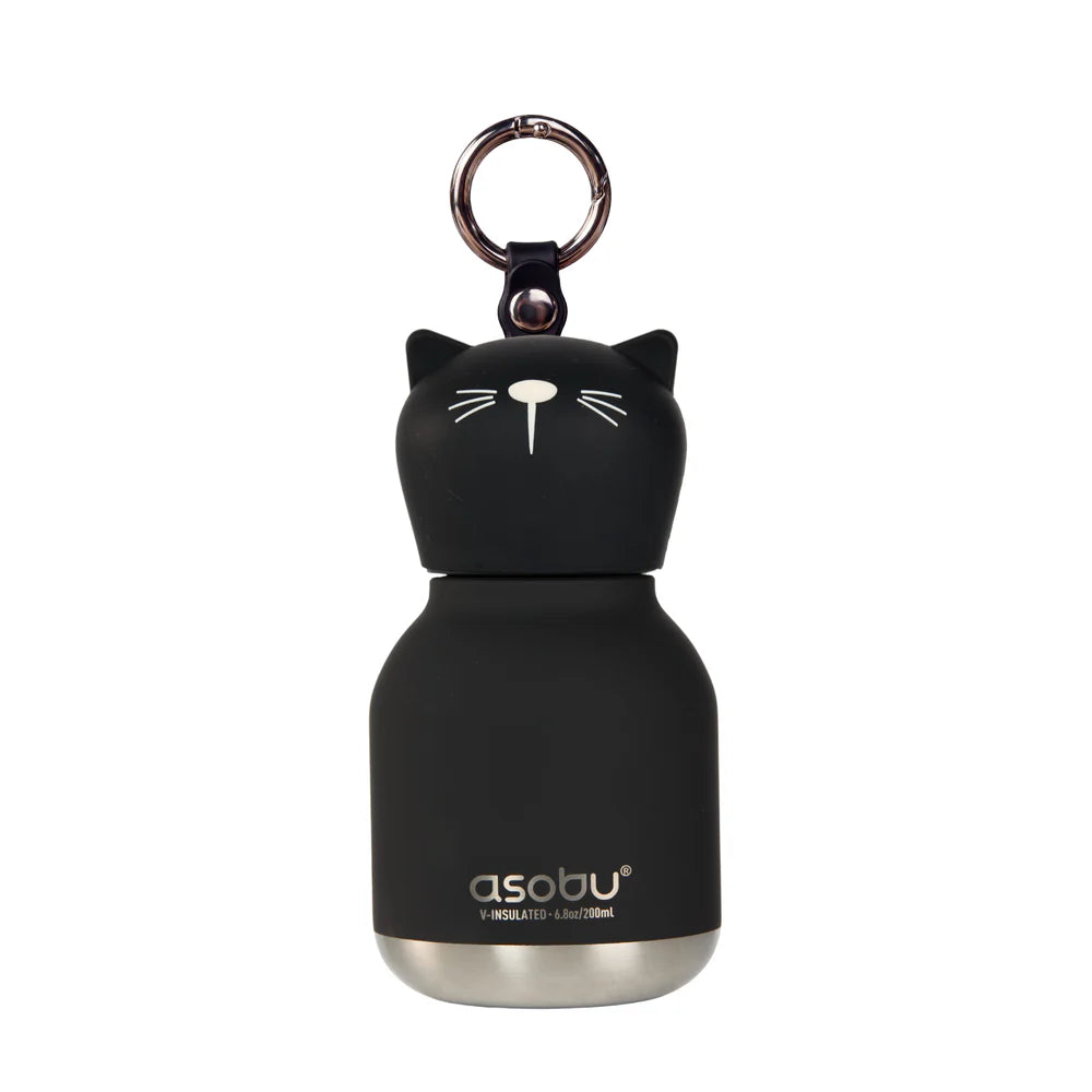 Black cat-shaped insulated bottle keychain with 'asobu' branding on a white background