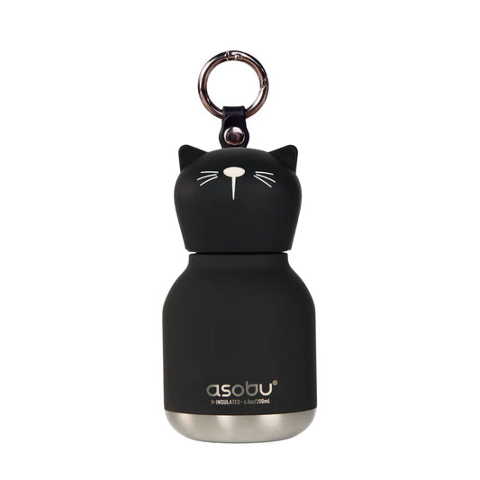 Black cat-shaped insulated bottle keychain with 'asobu' branding on a white background
