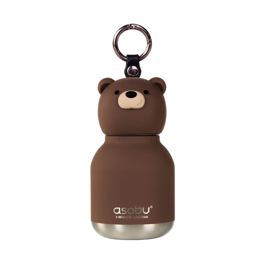 Brown bear-shaped water bottle with a keychain on a white background