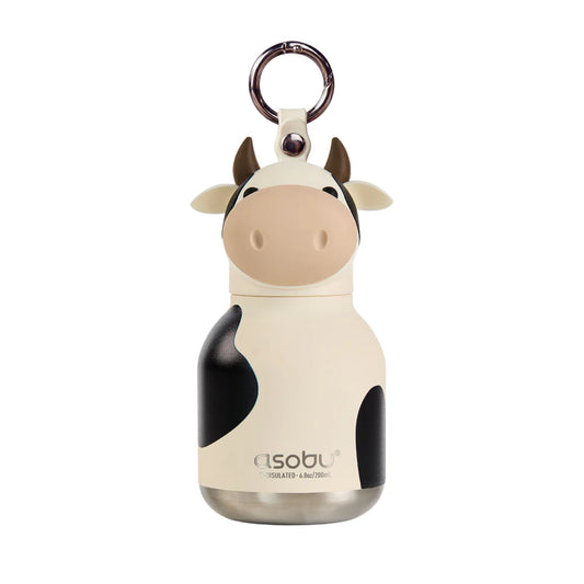 Cow-themed water bottle with keychain on a white background