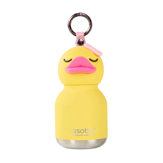 Yellow duck-shaped water bottle with a pink lid and keychain on a white background
