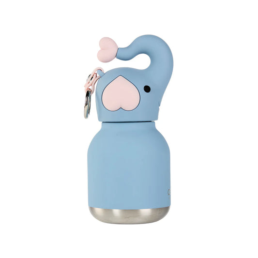 Blue elephant-shaped water bottle with a pink heart on a white background