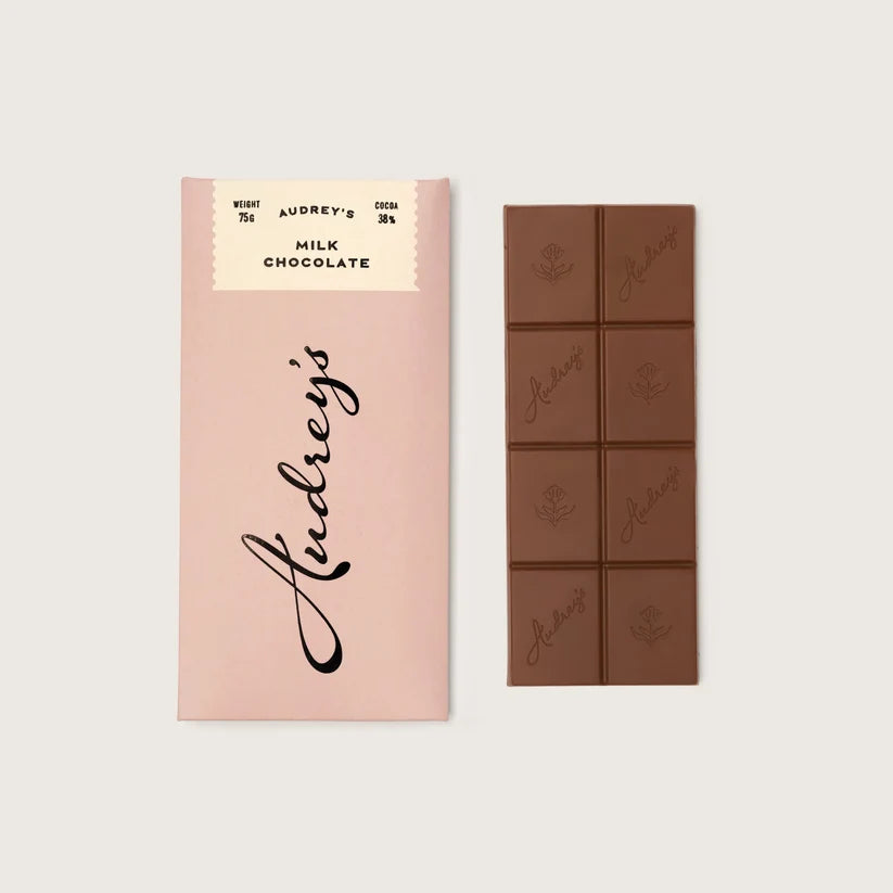 chocolate bar with pink packaging on a white background 