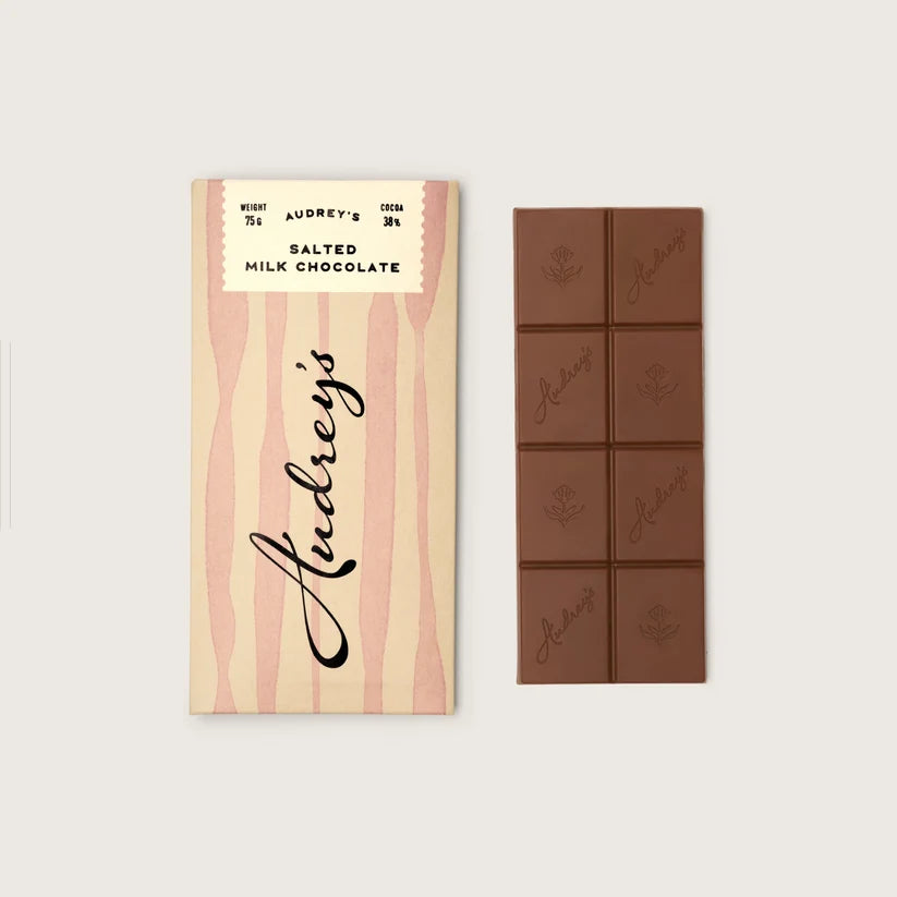 Audrey's Salted Milk Chocolate bar shown with its pink striped wrapper on the left and the chocolate bar itself on the right, on a light beige background.
