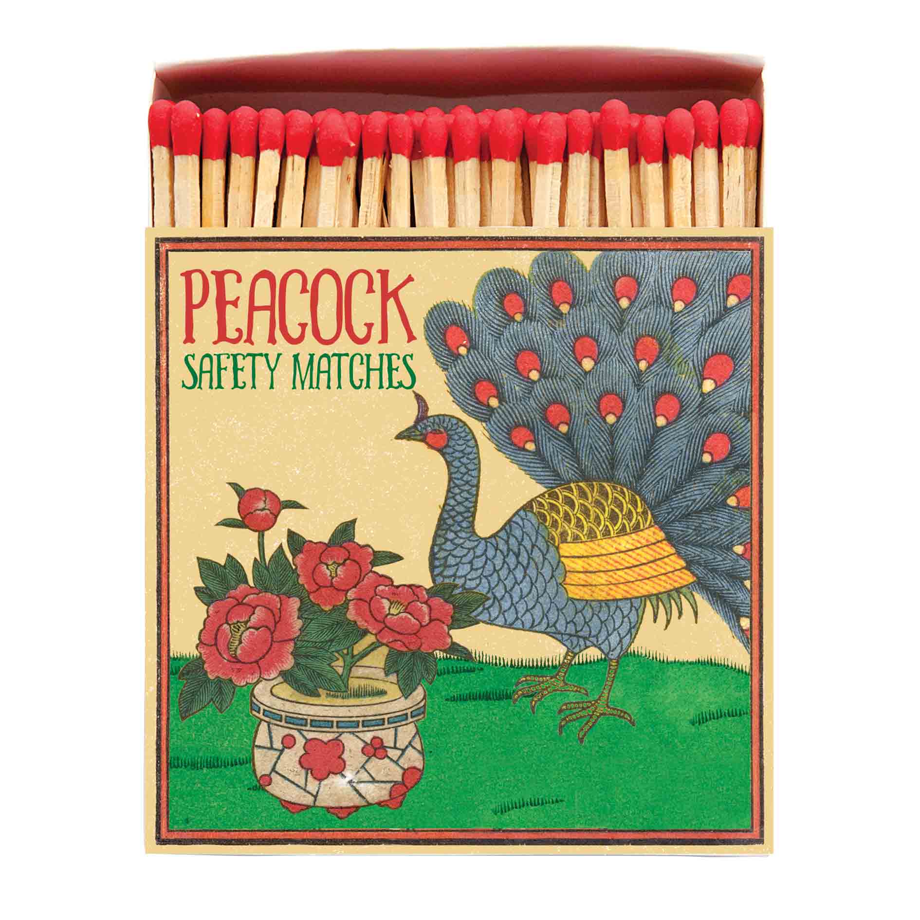 luxury matches in a colourful box with a peacock illustration 