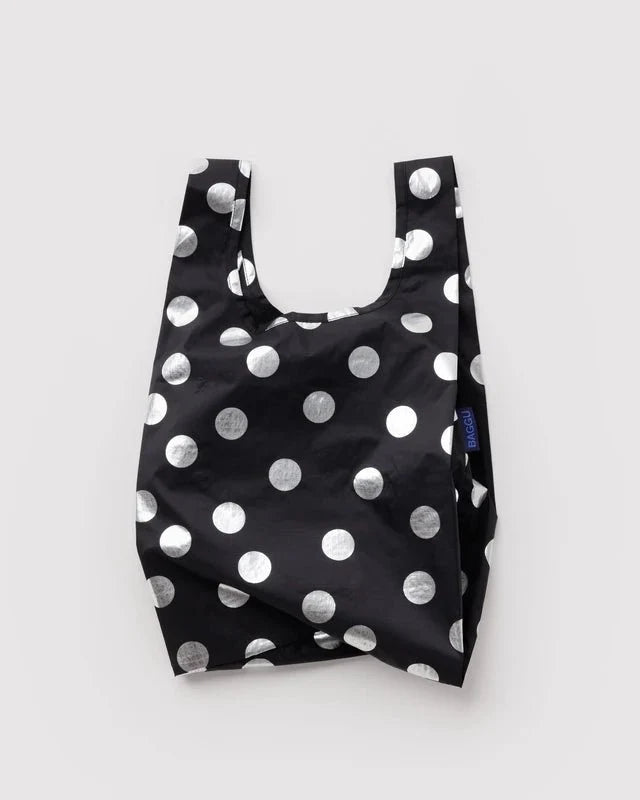 BAGGU Baby Reusable Bag in Silver Metallic Polka Dot design on a white background 