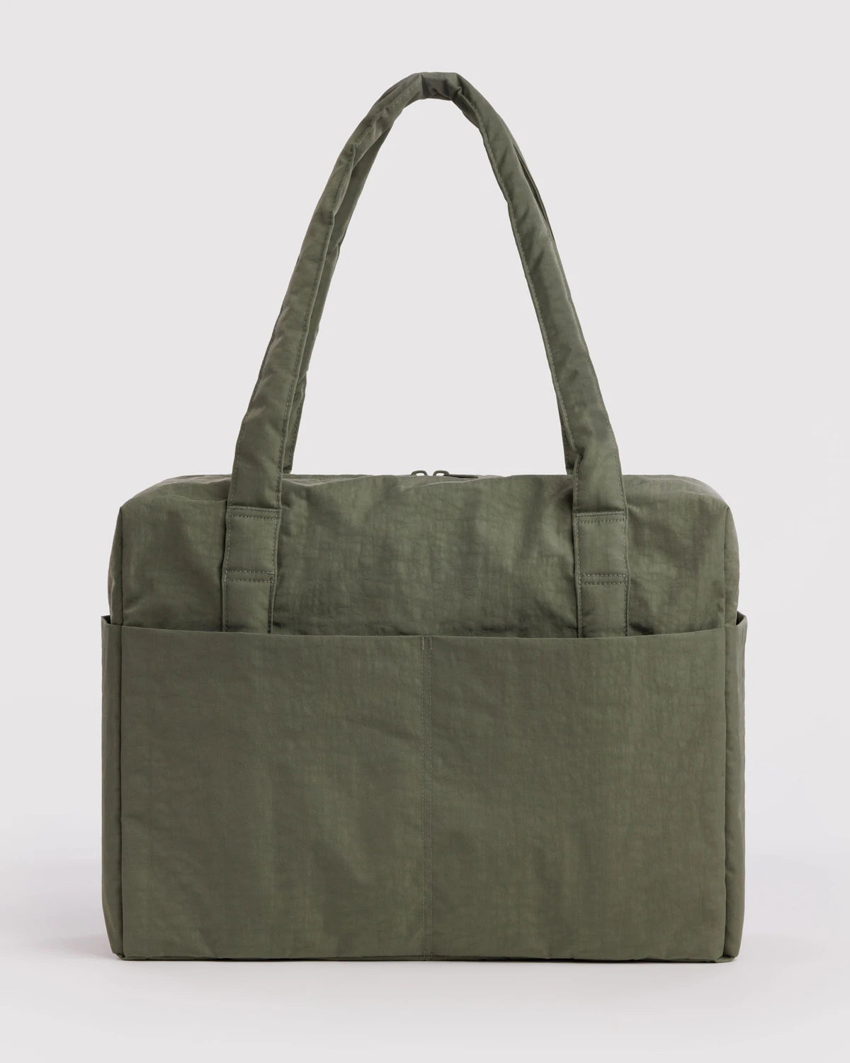 An olive green nylon tote bag with dual top handles and a large front pocket, shown against a light gray background.