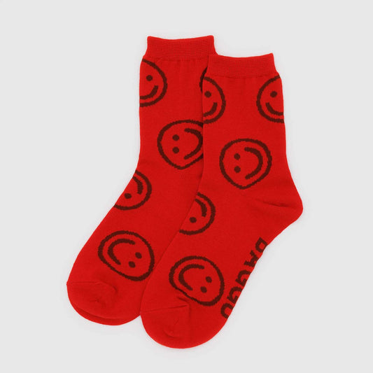 BAGGU bamboo Socks in red colour with smiley face pattern