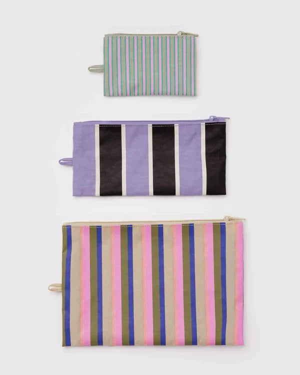 Set of 3 multicolour stripe pouches on a grey background 