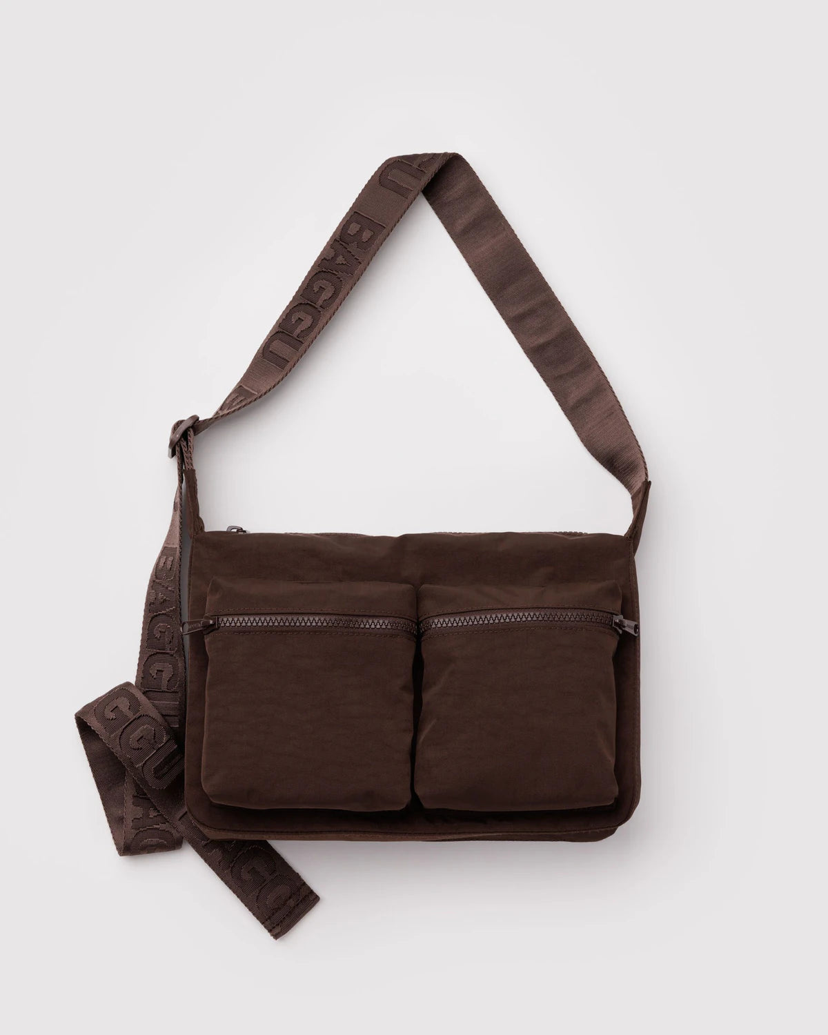 Brown shoulder bag with multiple pockets on a white background