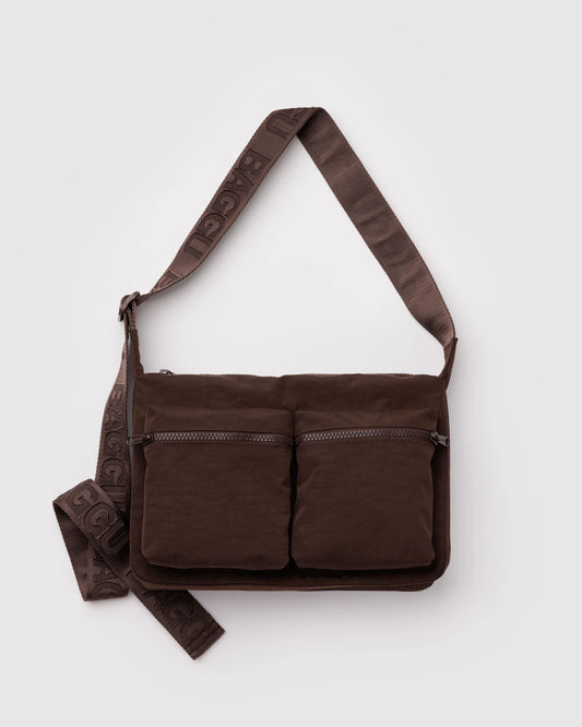 Brown shoulder bag with multiple pockets on a white background