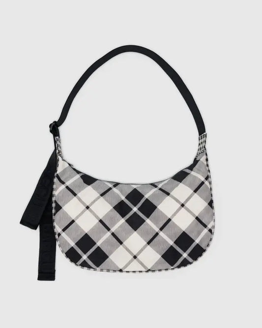 BAGGU Medium Nylon Crescent Bag Mixed Plaid Gingham in Black and White colours 
