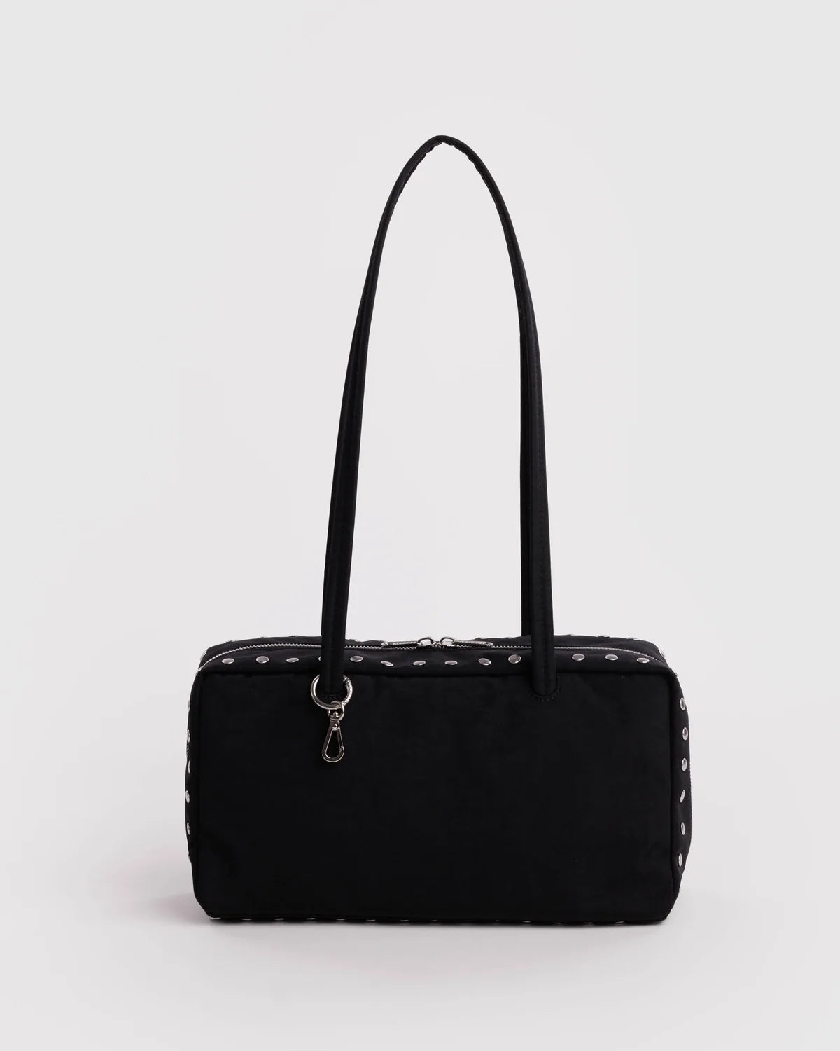 BAGGU Nylon Bowler Bag  in black with studs on the sides on the white background 