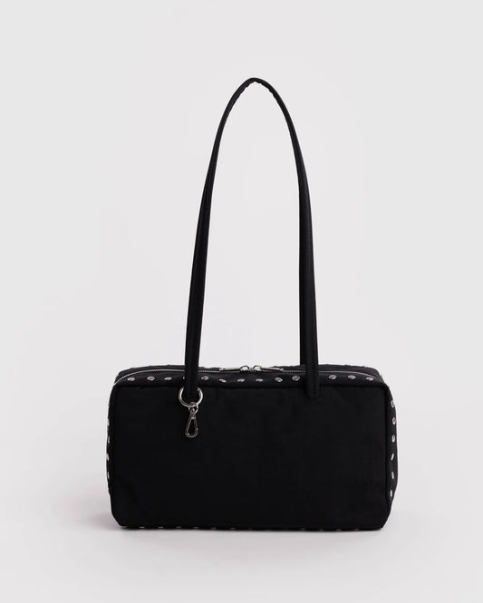 BAGGU Nylon Bowler Bag  in black with studs on the sides on the white background 