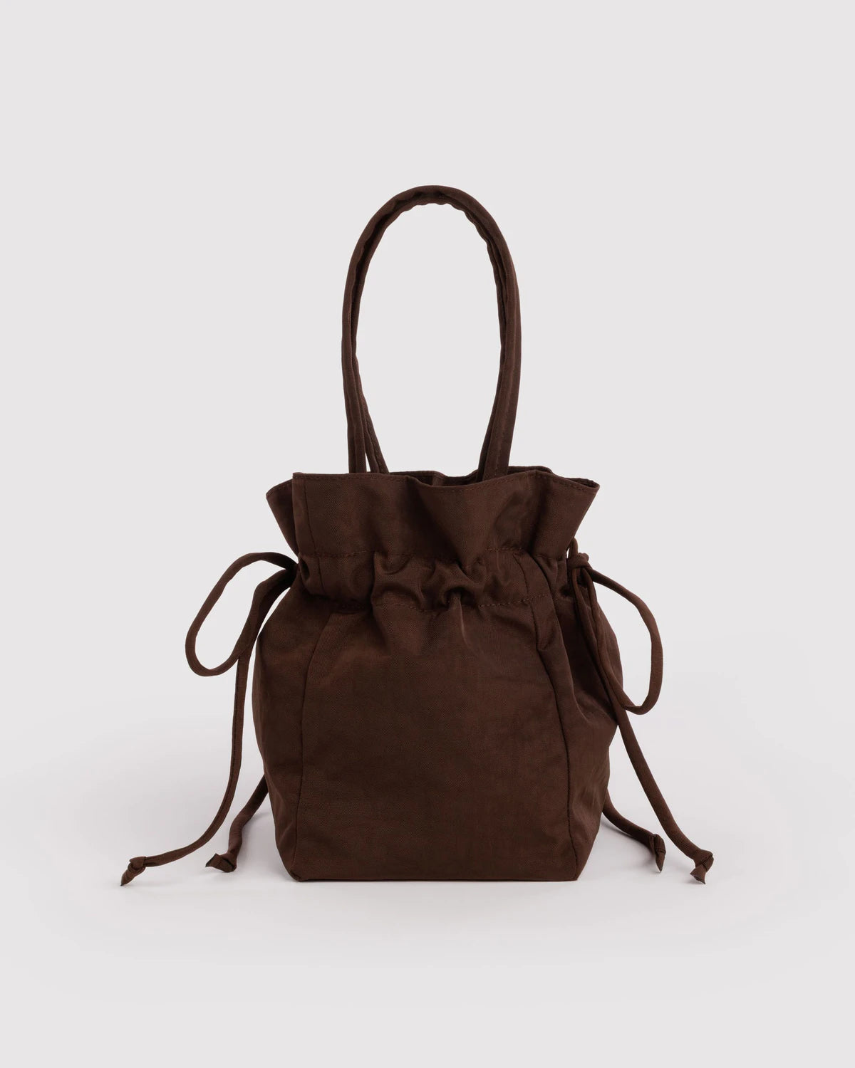 Brown drawstring bag on a white background