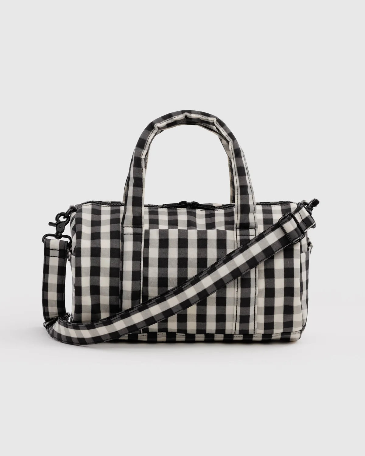 BAGGU Nylon Duffle Bag in Black and Cream Gingham