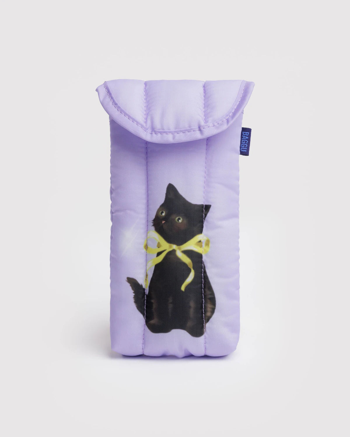 Purple pouch with a black cat design on a white background