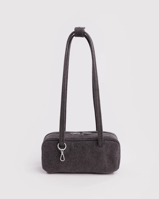 BAGGU Small Denim Bowler Bag in Washed Black Denim on a grey background 
