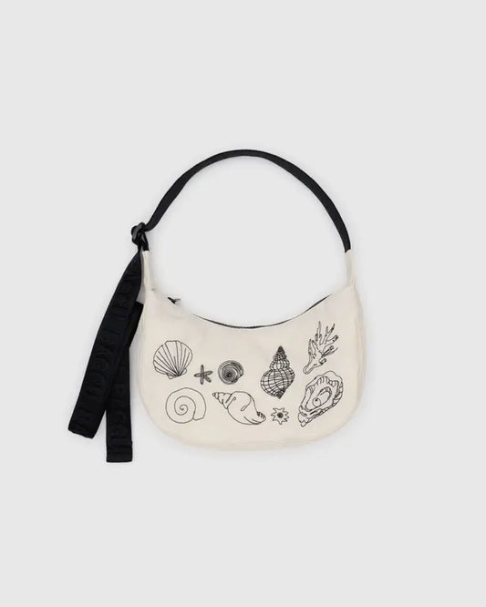 BAGGU White Small Nylon Crescent Bag in Embroidered Shells pattern